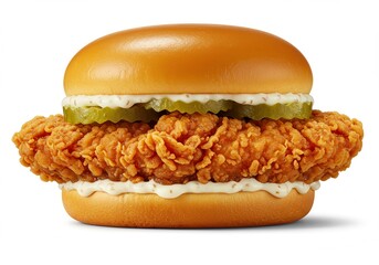 Crispy chicken sandwich with pickles and sauce on a bun isolated on white