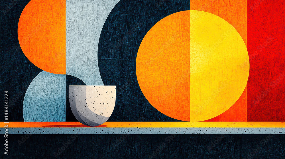 Poster abstract geometric composition featu large overlapping circles in warm and cool colors with textured