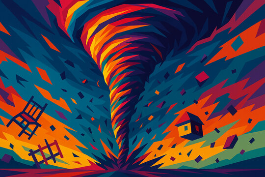 WPAP Style Tornado Illustration with Flying Debris &ndash; Colorful Geometric Pop Art Depicting Natural Disaster in Abstract Form