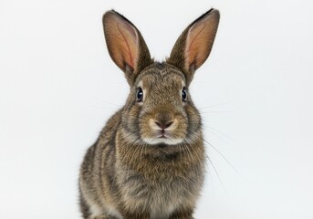 Fototapeta premium Close-up of a brown rabbit with long ears against a white background