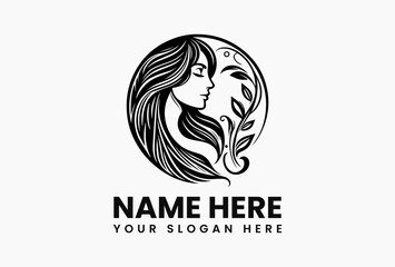 Graceful circular vector design of meditative woman's face with long hair blending into nature-inspired leaf patterns. Wellness beauty concept  