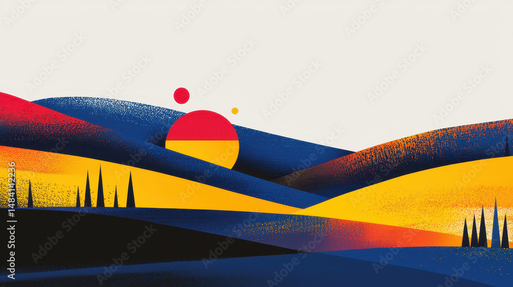 Poster abstract landscape with colorful flowing hills and stylized sun on a white background, featu vibrant