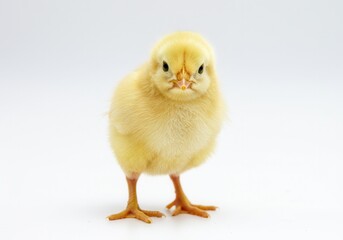 Obraz premium Cute yellow chick standing on a white background looking at the camera