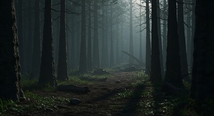 Fototapeta premium Misty Forest Path: Digital 3D Render, Deep Shadows AI Generated