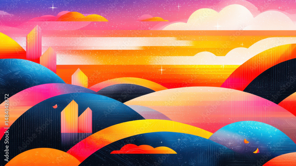 Poster vibrant abstract landscape featu colorful rolling hills bright sunsets and dreamlike skies with soft