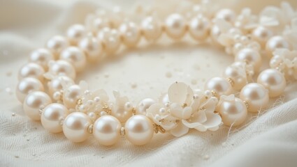 Elegant Pearl Necklace with Delicate Floral Accents Resting on Soft Fabric Background
