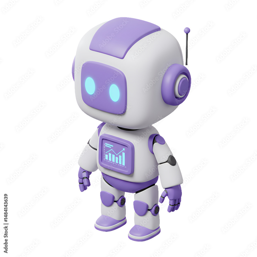 Poster adorable 3d render of a purple and white robot with a data graph display, cute ai assistant concept