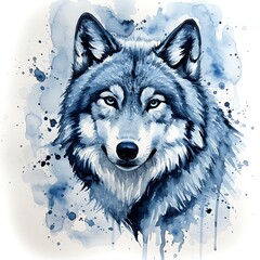 Serene Wolf: Blue Watercolor Portrait