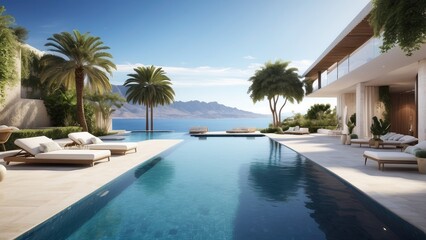 Fototapeta premium Luxury Tropical Beach Paradise with Palm Trees and Oceanfront Pool View