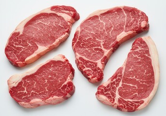 Four raw sirloin steaks with marbling on a white background