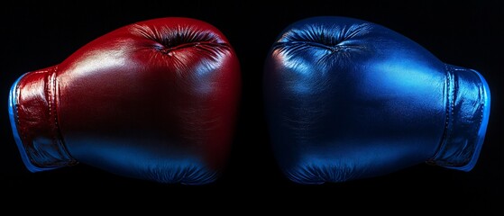 A pair of boxing gloves, one red and one blue, with a black background, representing combat
