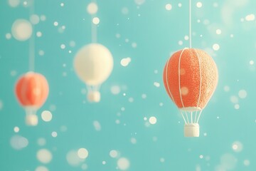 Obraz premium Colorful hot air balloons suspended against a soft blue background with bokeh effects