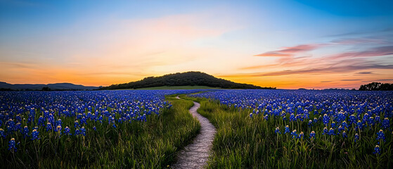 Sunset Over A Field Of Blue Flowers