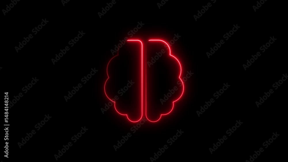 Poster glowing red neon brain shape animation on black background demonstrating thought process
