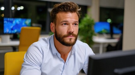 Fototapeta premium Focused Businessman Displaying Emotion in Modern Office Setting