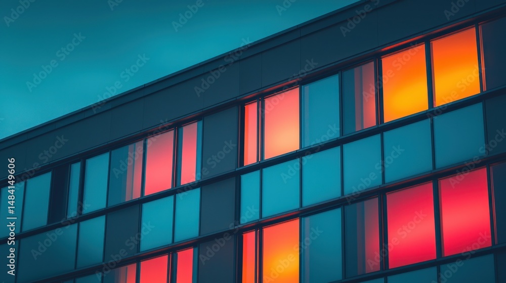 Poster building with colorful window lights at dusk