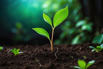 Fototapeta premium Young Green Plant Sprouting from Soil in Nature