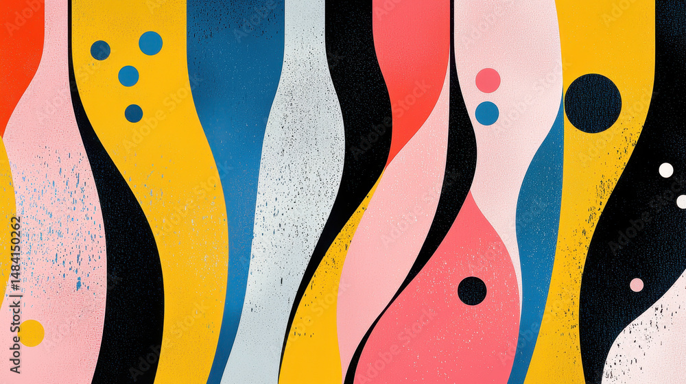Poster abstract colorful wavy design with vibrant yellow pink black and blue shapes and dotted patterns cre