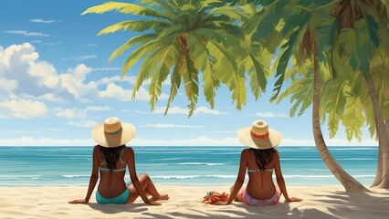 "Couple Relaxing on Tropical Beach Under Palm Trees by the Ocean"