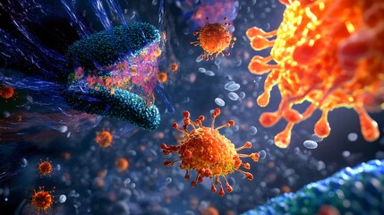 Fototapeta premium Colorful microscopic structures interacting in a complex biological system.