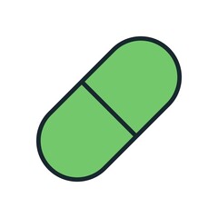Single green medicine capsule illustration in clean vector style, isolated pharmaceutical design element