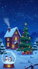 Fototapeta premium Cozy Winter Night: Cartoon Christmas Scene AI Generated