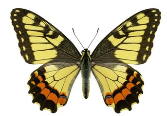 Eastern tiger swallowtail butterfly with yellow and black wings on a white background