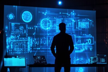 person standing in front of virtual blue screen