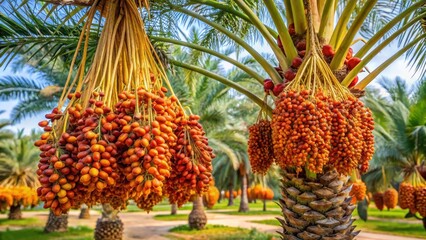 Mature Date Palm tree with ripe fruit hanging from its branches in a plantation setting, tree top