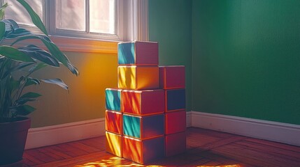 Colored blocks stacked near window in sunlit corner