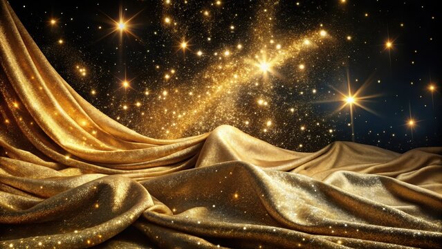 Glittering golden fabric draped elegantly across a velvety night sky, studded with twinkling stars and shimmering constellations
