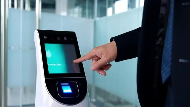 Businessman using biometric fingerprint scanner for access.