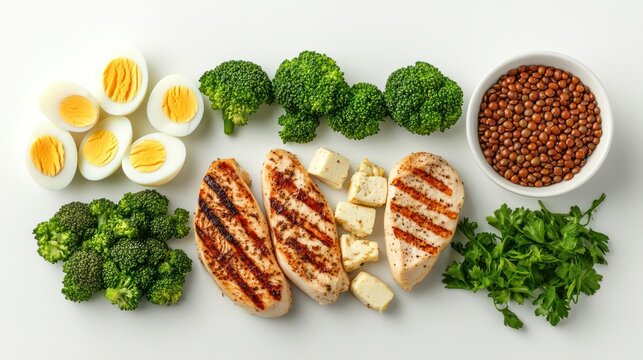high-angle shot of a protein-rich meal prep spread featuring grilled chicken breast, boiled eggs, tofu, lentils, and steamed broccoli, clean white background, health-conscious tone,