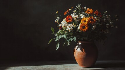 moody shot of a rustic bouquet in a terracotta vase, dark background, dramatic shadows, classic still life photography, © สวรส คูณทอง