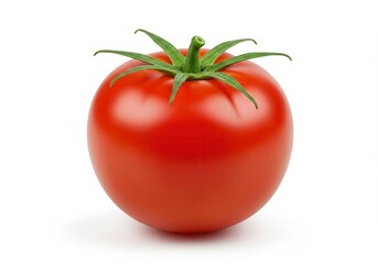 Single red tomato with green stem against a white background, showcasing its fresh and vibrant color
