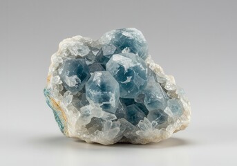 Celestine cluster, a mineral composed of strontium sulfate, on a neutral background