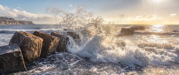 Fototapeta premium Jagged stone sea barricade breaking powerful waves, sunlight catches sea spray, revealing rugged coastline in dramatic ocean scenery.