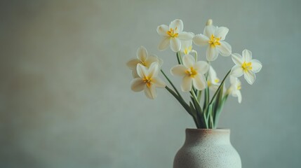 close-up of vibrant spring flowers in a ceramic vase, pastel color palette, shallow depth of field, delicate and fresh atmosphere,