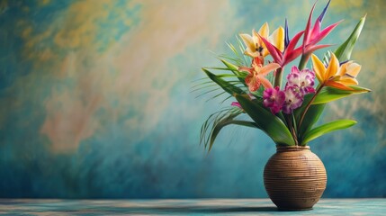 floral design with a tropical theme featuring birds of paradise and orchids in a bamboo vase, exotic and vibrant atmosphere,