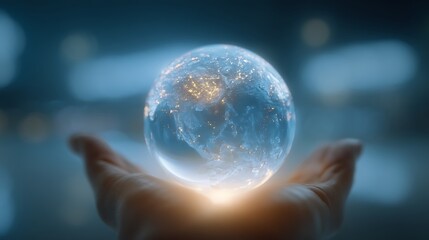 Global Connection Hand Holding Illuminated Earth.