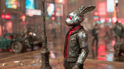 Cyberpunk Rabbit Robot in Rain Soaked Cityscape