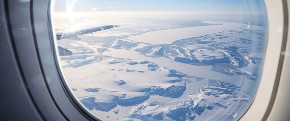 Naklejka premium Vast snowfields and frozen rivers stretch endlessly under a bright sky viewed through the airplane window, a polar landscape unfolds.