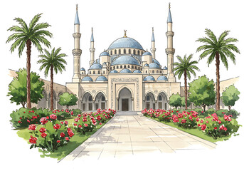 Naklejka premium Serene Mosque Illustration with Palm Trees and Rose Garden