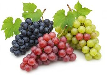 Obraz premium Three bunches of grapes in different colors on white background