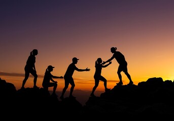 Sunset Teamwork: Silhouette of Helping Hands on Rocky Peak