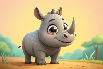 Obraz premium Cute rhino cartoon character, 3d render on bright background - generated by ai