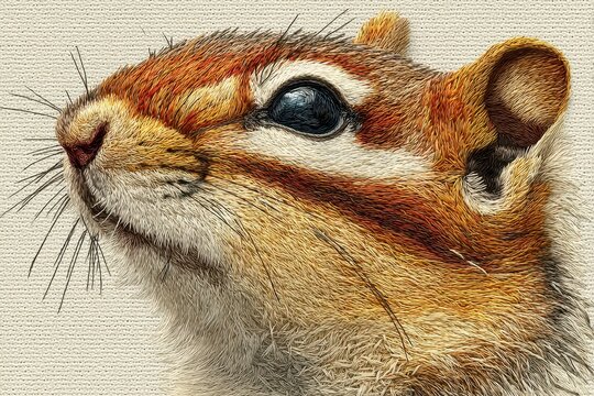 Adorable Chipmunk Embroidery Art  Nature Close up  Wildlife  Animal Portrait   Cute Rodent