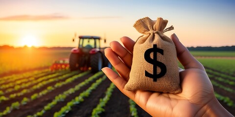 Concept of agricultural investment and farm profitability symbolized by a hand holding a money bag with a dollar sign in front of a cultivated field and tractor at sunset


