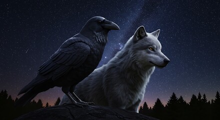 Night's Guardians: Wolf and Raven Digital Art AI Generated