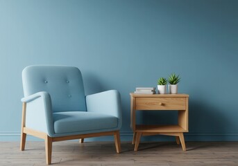 Living room interior with blue armchair, wooden table, and plants against a blue wall